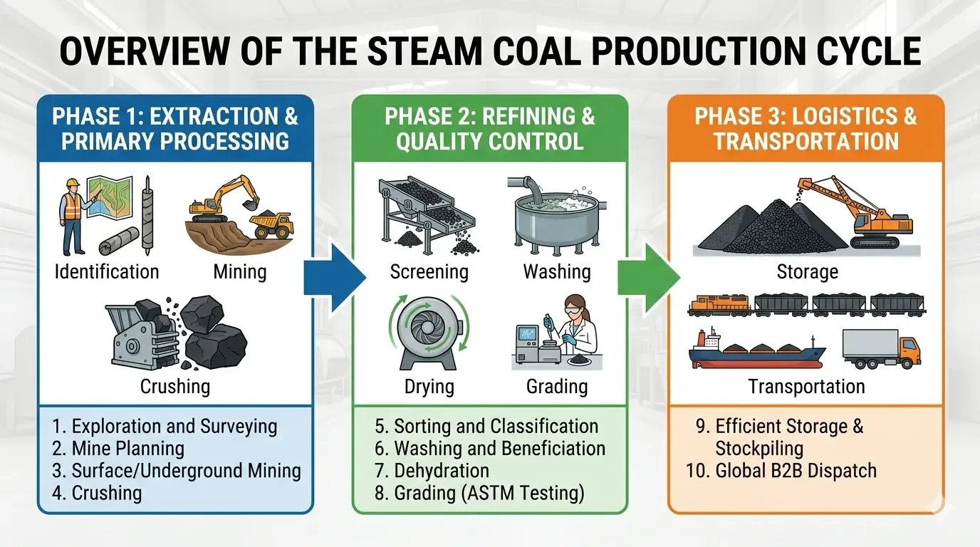A detailed horizontal flow chart showing the 10 steps of the steam coal production cycle by UCI JAYA, including extraction, refining, and global B2B transportation by UCI JAYA